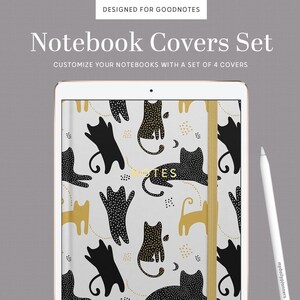 May include: A set of four Goodnotes notebook covers featuring a black and gold cat pattern. The covers are designed for use with the Goodnotes app.