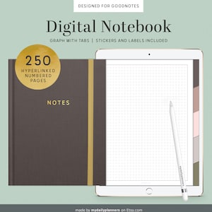 May include: A digital notebook for Goodnotes app with 250 hyperlinked numbered pages. The notebook has a brown cover with a gold spine and the word "NOTES" printed in white. The notebook is open to a blank page with a grid pattern. A white stylus is lying on the page. The notebook is designed for use with an iPad.