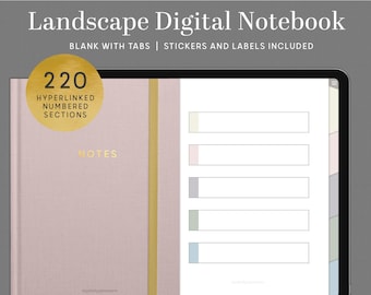 May include: A pink digital notebook with a gold border and the text "Landscape Digital Notebook" and "220 Hyperlinked Numbered Sections" on the cover. The notebook is open to a blank page with five sections for notes.