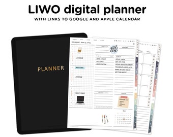 Puede incluir: Una aplicación de agenda digital en la pantalla de una tableta. La agenda tiene una cubierta negra con la palabra "PLANNER" en texto blanco. La aplicación está abierta a una vista semanal con un calendario, una lista de tareas y una sección de notas. La aplicación está diseñada para ayudar a los usuarios a mantenerse organizados y al día con sus tareas diarias.