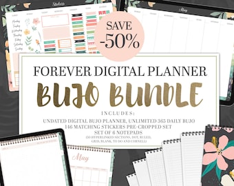 May include: A digital planner bundle with the text "Forever Digital Planner Bujo Bundle". The bundle includes an undated digital Bujo planner, 365 daily Bujo pages, 146 stickers, and 6 notepads. The image also shows a "Save -50%" graphic.