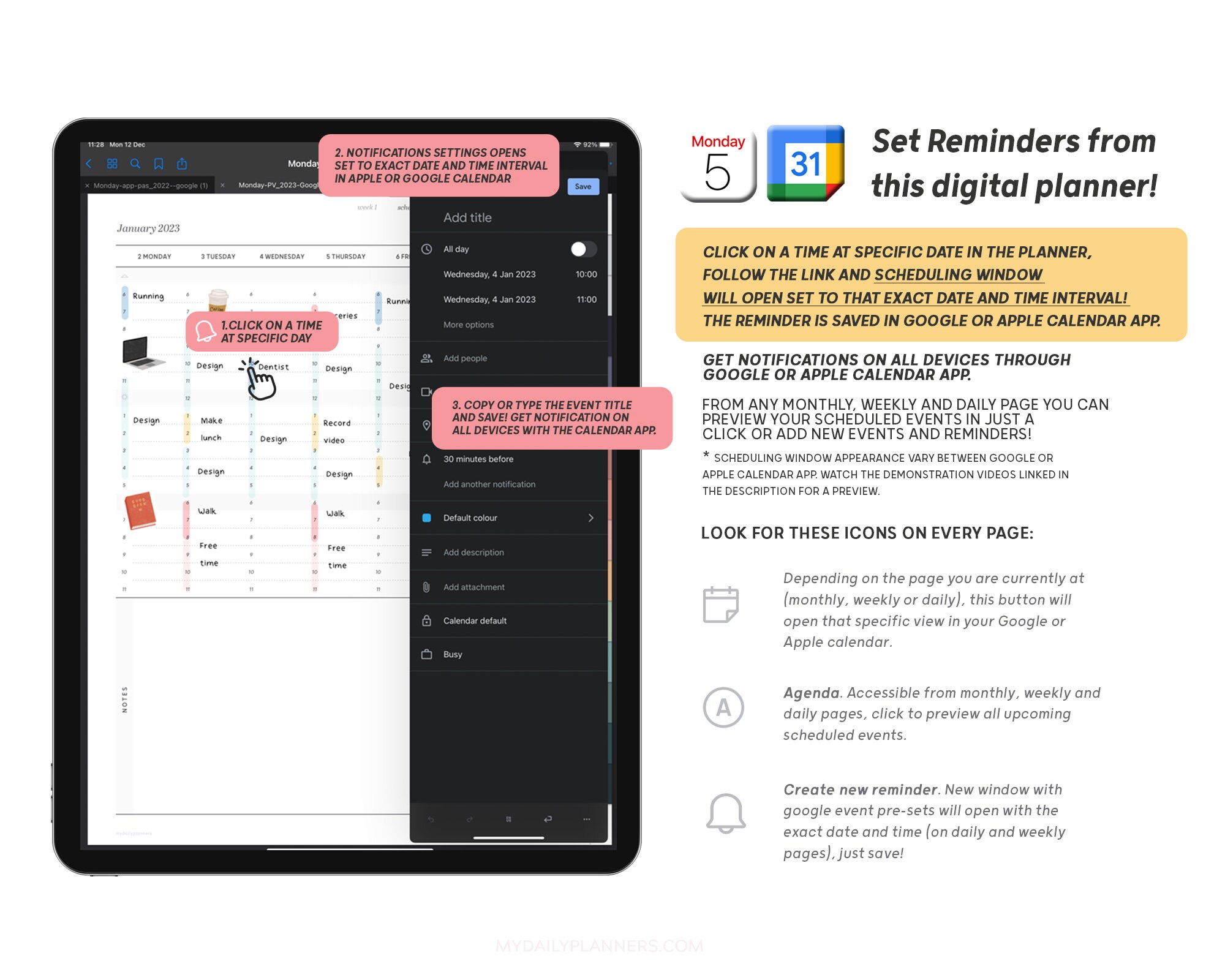 Portrait Digital Planner With Links to Apple Calendar Google - Etsy