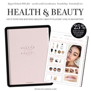 Może przedstawiać: R&oacute;żowy planer z napisem "Health & Beauty" na okładce. Planer jest otwarty na stronie z listą kosmetyk&oacute;w i zdjęciem kobiety w makijażu. Tekst "Beauty Routine" znajduje się na g&oacute;rze strony. Tekst "-25% Przy zakupie dw&oacute;ch lub więcej produkt&oacute;w z kodem SAVE25" znajduje się w prawym g&oacute;rnym rogu obrazu.