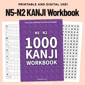 Op de afbeelding: Een paars N5-N2 1000 Kanji-werkboek met witte tekst en twee witte oefenpagina's met rasters van Japanse karakters. De omslag toont de tekst N5-N2 LEVEL WORKBOOK FOR EFFECTIVE LEARNING en onderaan mydailyplanners.com.