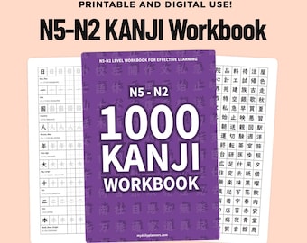May include: A purple N5-N2 1000 Kanji Workbook with white text and two white practice pages featuring grids of Japanese characters. The cover displays the text N5-N2 LEVEL WORKBOOK FOR EFFECTIVE LEARNING and mydailyplanners.com at the bottom.