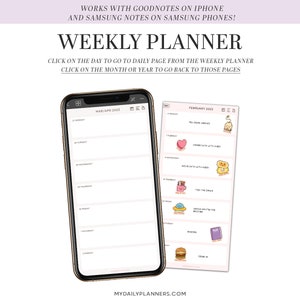 May include: A weekly planner app on a smartphone screen. The app has a calendar view with a weekly layout. The calendar is for the month of April 2023. The app also has a daily view, which is shown in a separate window. The daily view is for February 2023. The app is designed to be used with GoodNotes on iPhone and Samsung Notes on Samsung phones.