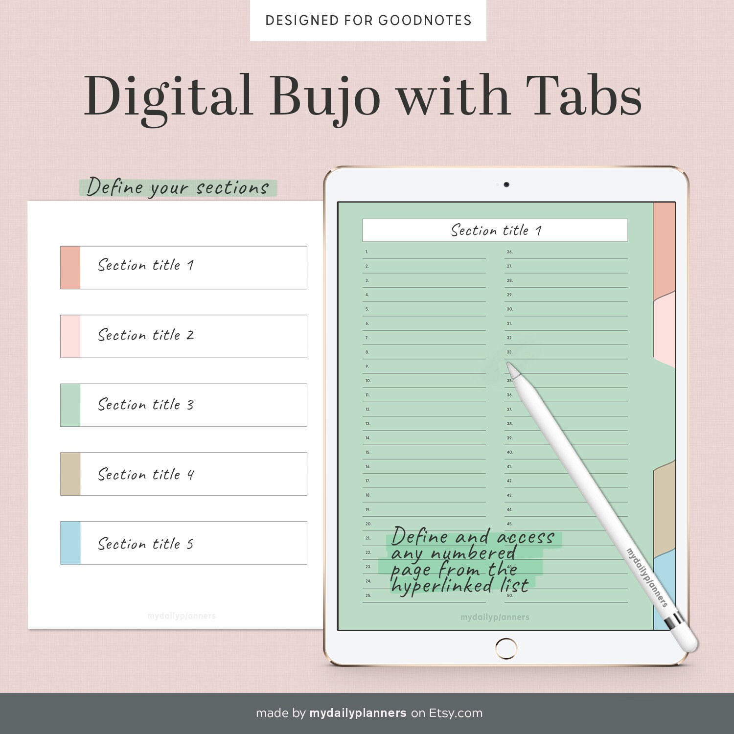 Digital Bujo Notebook 5 Tab Template GoodNotes DigiBujo Etsy
