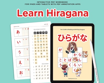 May include: A digital workbook for learning Hiragana, the Japanese syllabary. The cover features a colorful illustration of a girl and a cat with the text "Your Guide to Reading and Writing Hiragana" and "ひらがな" in Japanese. The inside pages show a grid with Hiragana characters and practice exercises.