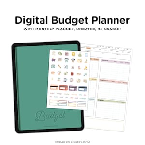 May include: A digital budget planner on a tablet screen. The planner includes a monthly calendar, sections for income and expenses, and a variety of stickers with financial icons. The text "Budget" is embossed on the tablet screen.