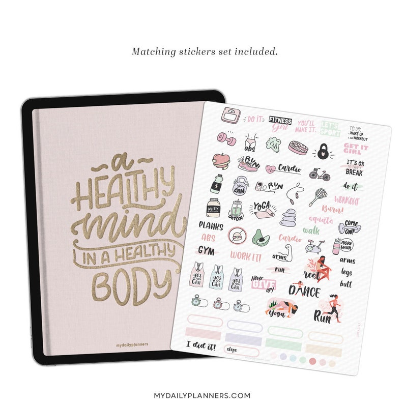 Może przedstawiać: R&oacute;żowy planer z tekstem "a healthy mind in a healthy body" w złotych literach. Planer zawiera arkusz naklejek z ilustracjami i tekstem o tematyce fitness, takimi jak "run", "cardio", "yoga" i "work it".