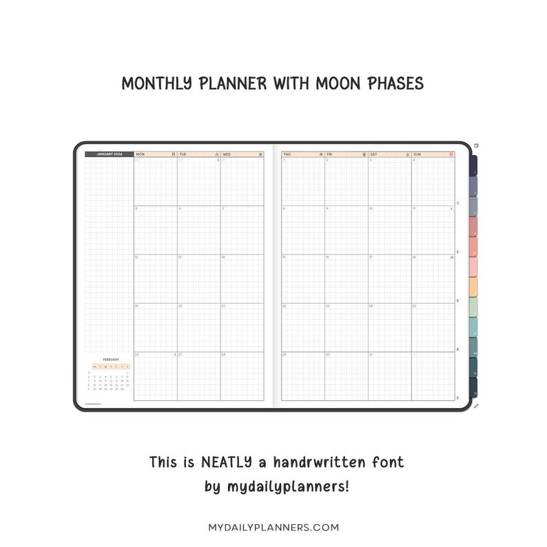 May include: A digital monthly planner layout with a grid calendar, moon phase icons, and a sidebar with colored tabs. The text reads MONTHLY PLANNER WITH MOON PHASES, This is NEATLY a handrwritten font by mydailyplanners!, and MYDAILYPLANNERS.COM.