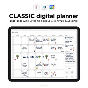 2026 - 2027 Simple Digital Planner with Calendar Integration, for iPads and Tablets