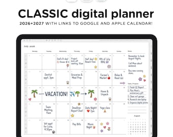 2026 - 2027 Simple Digital Planner with Calendar Integration, for iPads and Tablets