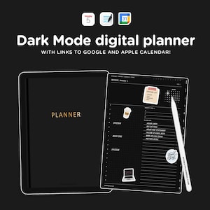 2026 Dark Mode Digital Planner for GoodNotes, Monday and Sunday Week Start, Apple and Google Calendar Integration