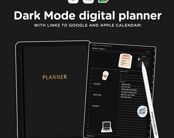 2026 Dark Mode Digital Planner for GoodNotes, Monday and Sunday Week Start, Apple and Google Calendar Integration