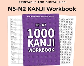 May include: A purple and white workbook with the text "N5-N2 1000 KANJI WORKBOOK" and the text "N5-N2 LEVEL WORKBOOK FOR EFFECTIVE LEARNING". The workbook is open to show practice pages with Japanese characters.