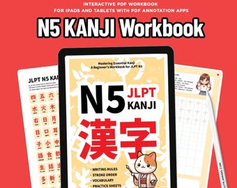 Puede incluir: Un libro de ejercicios PDF interactivo para iPads y tabletas titulado N5 KANJI Workbook. La portada presenta un texto grande en negro y rojo, un gato de dibujos animados sosteniendo un pincel, y enumera reglas de escritura y vocabulario.