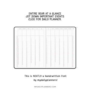 May include: A digital planner spread featuring an entire year at a glance with a grid layout. The text reads: ENTIRE YEAR AT A GLANCE JOT DOWN IMPORTANT EVENTS CLICK FOR DAILY PLANNER. This is NEATLY a handrwritten font by mydailyplanners! MYDAILYPLANNERS.COM