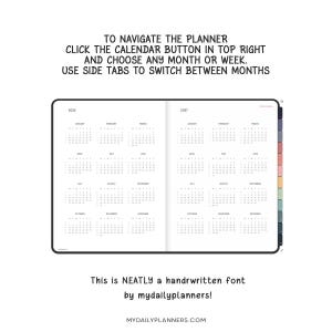May include: A digital planner interface displaying 2026 and 2027 calendars with side navigation tabs. Text reads: TO NAVIGATE THE PLANNER CLICK THE CALENDAR BUTTON IN TOP RIGHT AND CHOOSE ANY MONTH OR WEEK. USE SIDE TABS TO SWITCH BETWEEN MONTHS.
