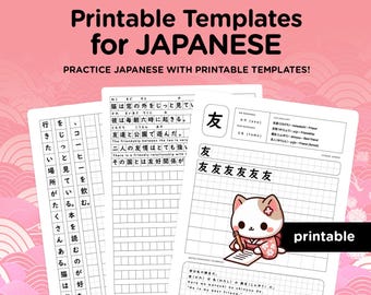 May include: Printable Japanese templates for practicing Japanese. The image shows three white sheets with Japanese text and a cute cat illustration. The text includes phrases and vocabulary, ideal for language learners.