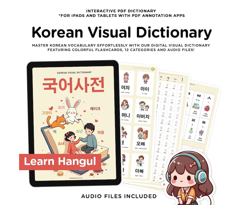 Pode incluir: Um dicion&aacute;rio visual coreano digital com flashcards coloridas, 12 categorias e arquivos de &aacute;udio. A capa apresenta uma ilustra&ccedil;&atilde;o de desenho animado de um gato, um coelho e crian&ccedil;as lendo um livro. O texto na capa diz "Dicion&aacute;rio visual coreano" e "Aprenda Hangul".