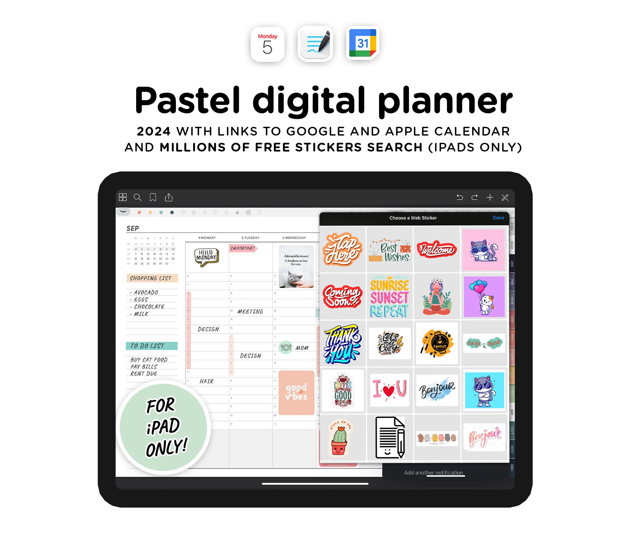 Digital Planner With Links to Apple and Google Calendar, iPad Goodnotes  Template, 2024 Digital Planner, With Stickers Search - Etsy