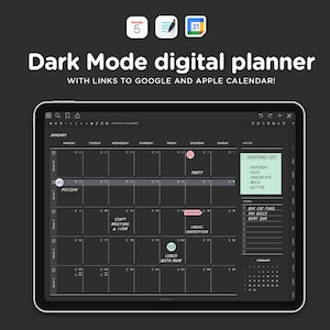 2025 Black Digital Planner iPad, Goodnotes template, Blackout planner, black mode GoodNotes, with links to Apple and Google Cal