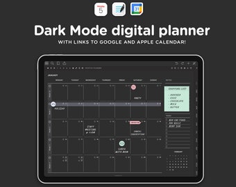 May include: A dark mode digital planner app on a tablet screen. The app displays a calendar view for January with a note section on the right. The calendar has events marked with colored dots and text. The note section has a shopping list and a task list.