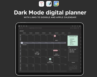 2024 Black Digital Planner iPad, Goodnotes template, Blackout planner, black mode GoodNotes, with links to Apple and Google Cal