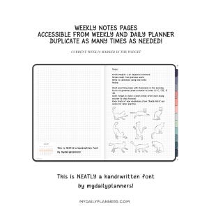 May include: A digital planner page with a grid layout. The top text reads WEEKLY NOTES PAGES ACCESSIBLE FROM WEEKLY AND DAILY PLANNER DUPLICATE AS MANY TIMES AS NEEDED! CURRENT WEEK IS MARKED IN THE WIDGET. The page includes task lists and cat drawings.