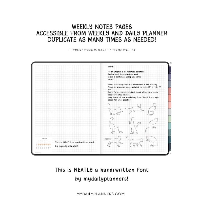 May include: A digital planner page with a grid layout. The top text reads WEEKLY NOTES PAGES ACCESSIBLE FROM WEEKLY AND DAILY PLANNER DUPLICATE AS MANY TIMES AS NEEDED! CURRENT WEEK IS MARKED IN THE WIDGET. The page includes task lists and cat drawings.