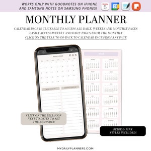 May include: A digital monthly planner for Goodnotes and Samsung Notes apps on iPhone and Samsung phones. The planner includes a calendar page, weekly and daily pages, and a reminder bell icon. The planner is available in beige and pink styles.