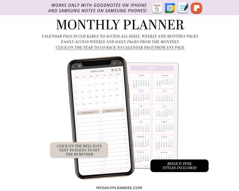 May include: A digital monthly planner for Goodnotes and Samsung Notes apps on iPhone and Samsung phones. The planner includes a calendar page, weekly and daily pages, and a reminder bell icon. The planner is available in beige and pink styles.