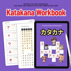 May include: An interactive PDF Katakana workbook for tablets, featuring a digital cover with the text Katakana, a character chart, and practice pages. The cover displays cartoon characters, a coffee cup, and a cat, alongside a white stylus.