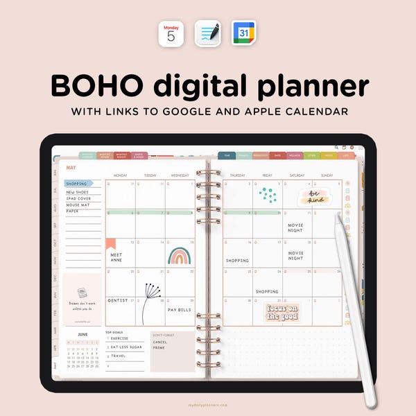 2026 Boho Digital Planner for iPad with links to Google and Apple Calendar, GoodNotes planner