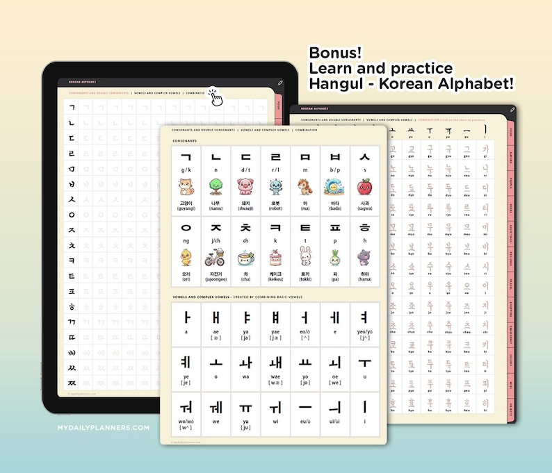 Pode incluir: Uma p&aacute;gina de planejador digital com uma grade para praticar Hangul, o alfabeto coreano. A p&aacute;gina inclui um gr&aacute;fico com o alfabeto coreano, consoantes b&aacute;sicas, vogais e consoantes combinadas. A p&aacute;gina tamb&eacute;m inclui uma se&ccedil;&atilde;o de b&ocirc;nus com instru&ccedil;&otilde;es para aprender e praticar Hangul.