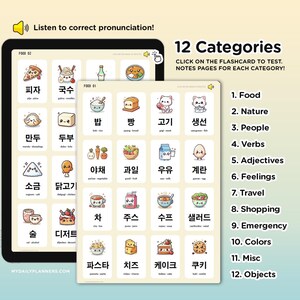 Pode incluir: Um conjunto de cart&otilde;es de mem&oacute;ria digitais coloridos com 12 categorias de vocabul&aacute;rio coreano. Cada cart&atilde;o apresenta uma ilustra&ccedil;&atilde;o de desenho animado fofa e a palavra coreana em escrita Hangul. As categorias incluem comida, natureza, pessoas, verbos, adjetivos, sentimentos, viagens, compras, emerg&ecirc;ncias, cores, miscel&acirc;nea e objetos.