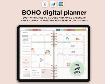 Digital Planner for iPad with links to Google and Apple Cal, GoodNotes planner, Daily Boho digital planner 2024, with stickers search