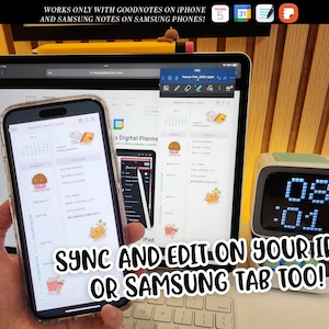 May include: A digital planner app open on an iPad and iPhone, showing a calendar, to-do list, and notes. The text on the screen reads "s Digital Planne". The text on the image reads "WORKS ONLY WITH GOODNOTES ON IPHONE AND SAMSUNG NOTES ON SAMSUNG PHONES!" and "SYNC AND EDIT ON YOUR IPAD OR SAMSUNG TAB TOO!"