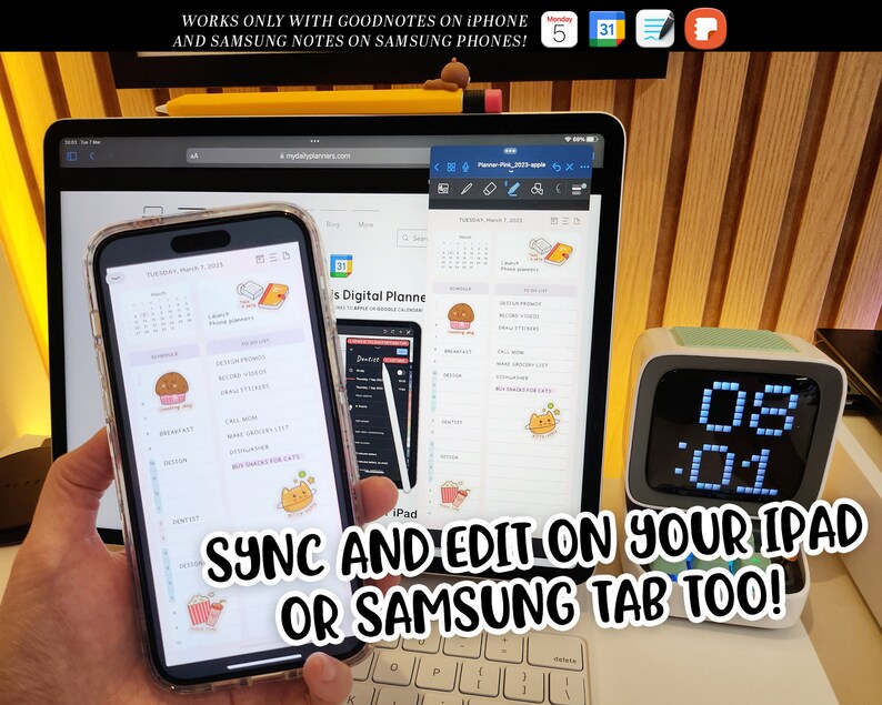 May include: A digital planner app open on an iPad and iPhone, showing a calendar, to-do list, and notes. The text on the screen reads "s Digital Planne". The text on the image reads "WORKS ONLY WITH GOODNOTES ON IPHONE AND SAMSUNG NOTES ON SAMSUNG PHONES!" and "SYNC AND EDIT ON YOUR IPAD OR SAMSUNG TAB TOO!"
