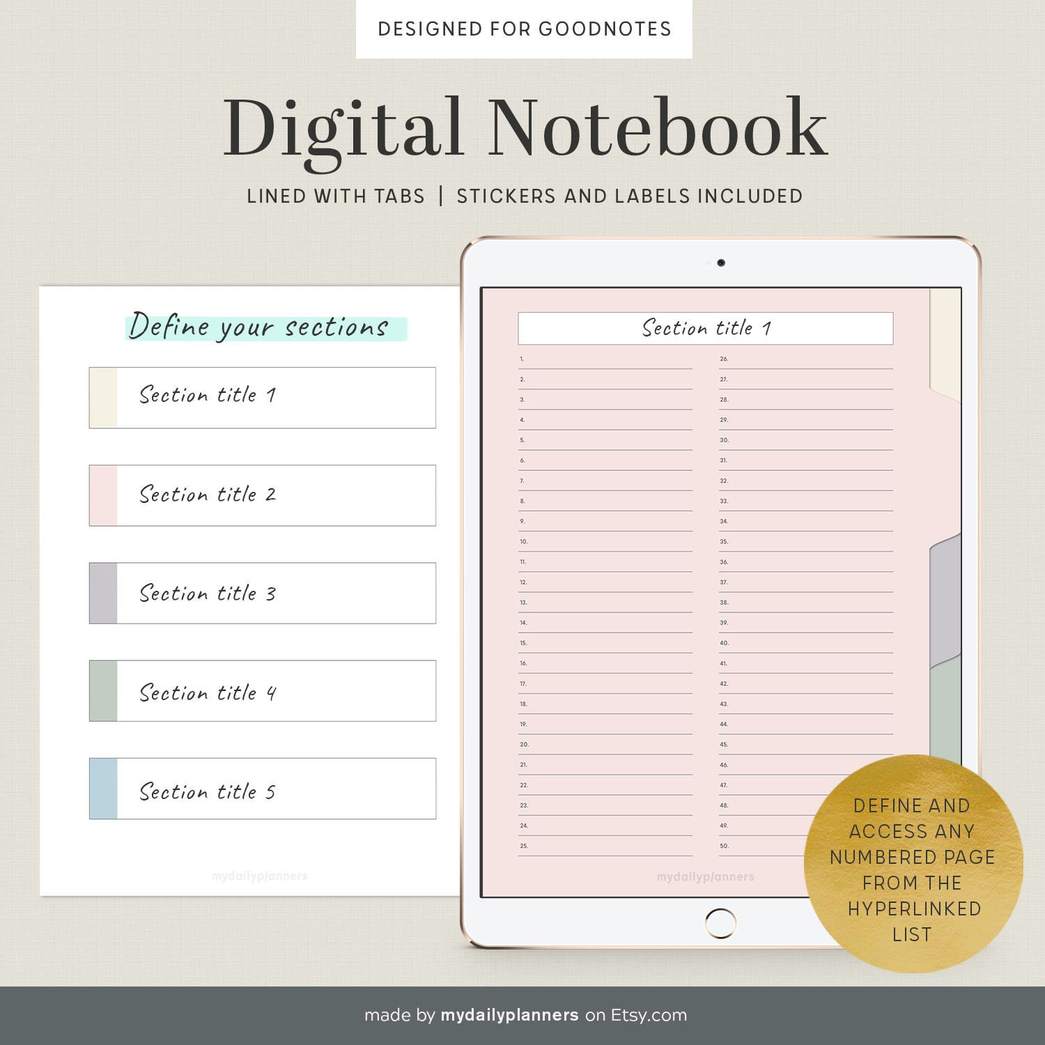 Digital Notebook Tab Template Goodnotes Hyperlinked Study Etsy India