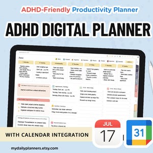 May include: A digital planner displayed on a tablet screen with a white stylus. The interface shows a weekly schedule for June with task lists, appointments, and goal sections. Text includes ADHD-Friendly Productivity Planner and ADHD DIGITAL PLANNER.