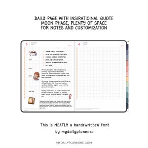 May include: A digital planner layout featuring a daily page with a grid background, a to-do list, and sections for study, lunch, and free time. It includes illustrations of a coffee cup, a person studying, and a notebook, with text in a handwritten font.