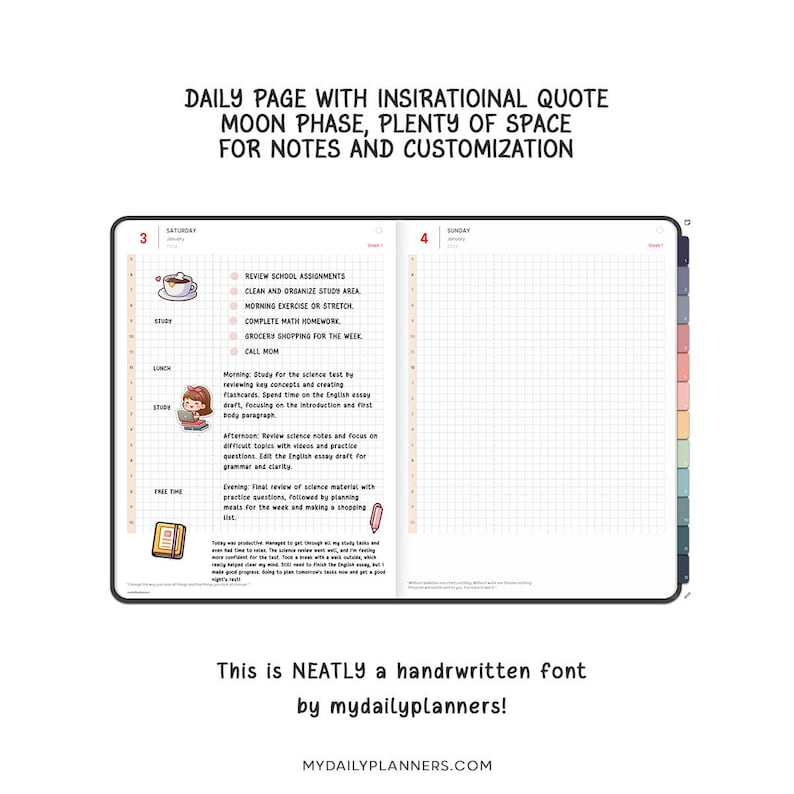 May include: A digital planner layout featuring a daily page with a grid background, a to-do list, and sections for study, lunch, and free time. It includes illustrations of a coffee cup, a person studying, and a notebook, with text in a handwritten font.