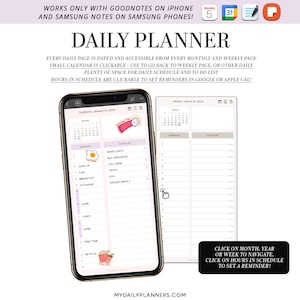 May include: A screenshot of a digital planner app on a smartphone. The app has a daily planner with a schedule and to-do list. The app also has a small calendar and a clickable feature to set reminders in Google or Apple Calendar.