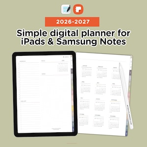 2026-2027 Digital Planner for  Goodnotes and Samsung Notes, iPad Planner template, Minimal Simple Portrait Vertical, Digital Bujo