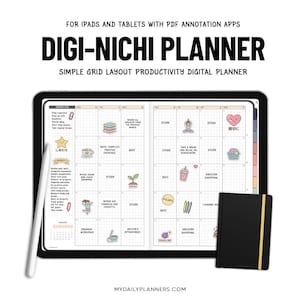 Könnte beinhalten: Ein digitaler Planer auf einem Tablet-Bildschirm mit Rasterlayout, inklusive Eingabestift und einem kleinen schwarzen Notizbuch. Der Planer enthält Text wie DIGI-NICHI PLANNER, FOR IPADS AND TABLETS WITH PDF ANNOTATION APPS sowie verschiedene Sticker.