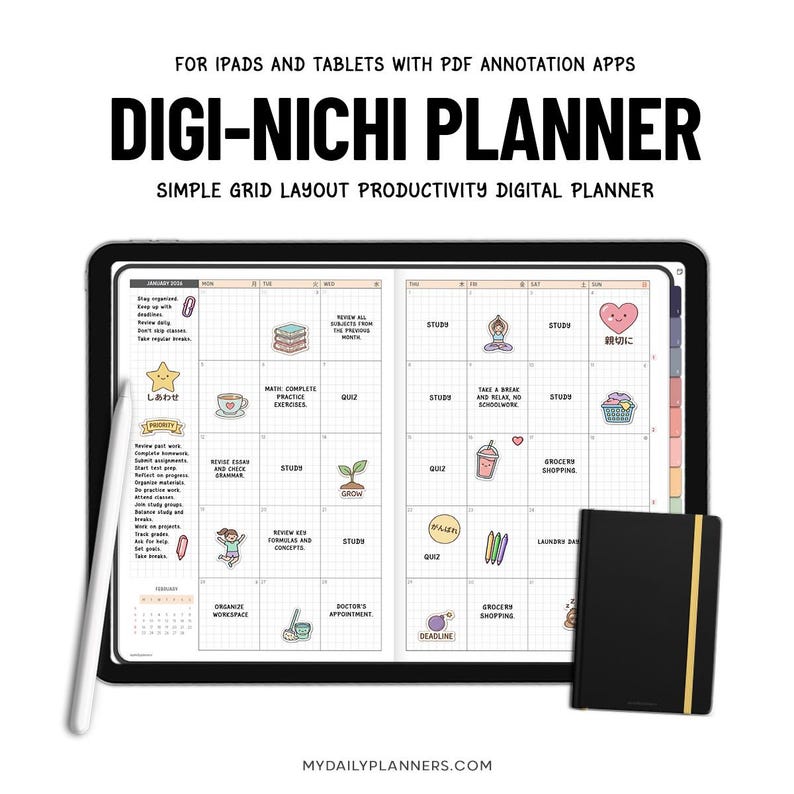 May include: A digital planner displayed on a tablet screen with a grid layout, featuring a stylus and a small black notebook. The planner includes text such as DIGI-NICHI PLANNER, FOR IPADS AND TABLETS WITH PDF ANNOTATION APPS, and various stickers.