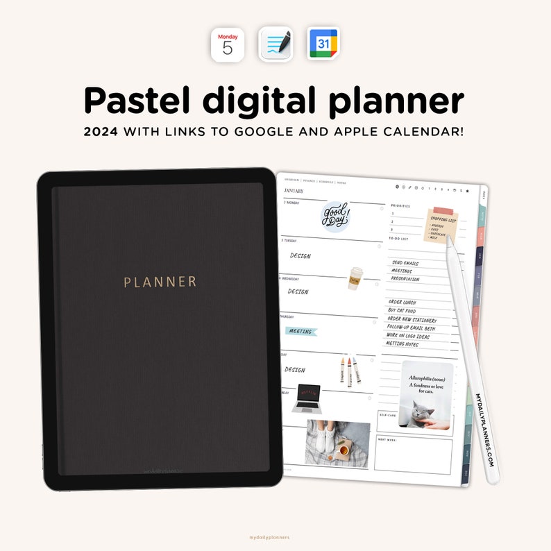 2024 Digital Planner with links to Apple or Google Calendar, Featured by GoodNotes, Digital Planner iPad, Samsung Notes Planner image 1