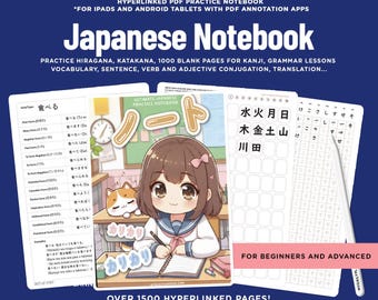 Puede incluir: Un cuaderno digital de práctica de japonés para tabletas con más de 1500 páginas hipervinculadas. La portada muestra un personaje estilo anime escribiendo con un gato. Las páginas interiores incluyen tablas de conjugación, cuadrículas y tablas hiragana.